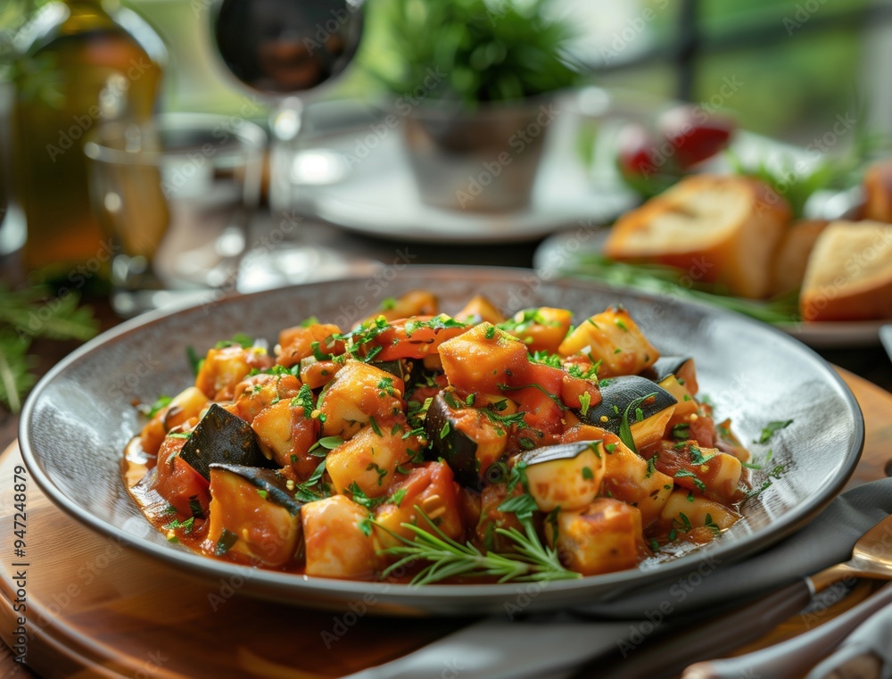 Mediterranean Pisto with colorful vegetables served on a ceramic plate in natural light Mediterranean Pisto with colorful vegetables served on a ceramic plate in natural light