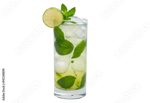 A refreshing mojito cocktail with mint leaves and a lime slice in a tall glass, presented on a transparent background.