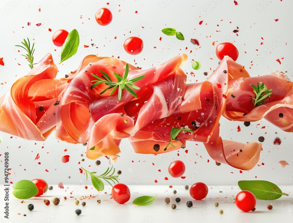 Flying Jamon Iberico in Dynamic Food Photography with Black Background Flying Jamon Iberico in Dynamic Food Photography with Black Background