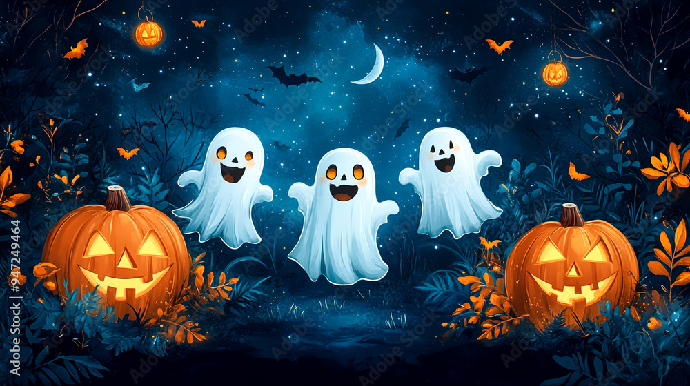 Spooky Fun Halloween Banner with Playful Ghosts, Pumpkins, and Festive Fonts Spooky Fun Halloween Banner with Playful Ghosts, Pumpkins, and Festive Fonts