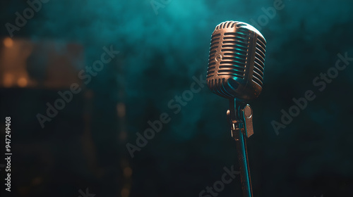 A vintage microphone with a smoky background.