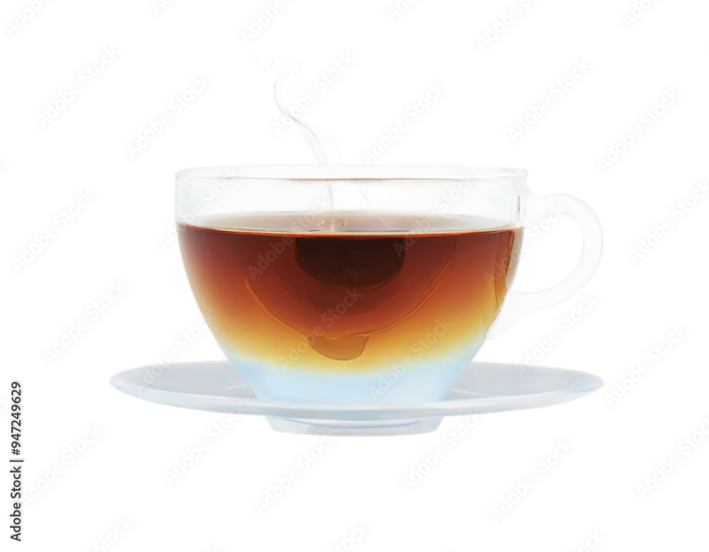 A side-view of a translucent teacup with steaming hot tea, showcasing the liquid’s movement and color gradient, placed on a see-through surface A side-view of a translucent teacup with steaming hot tea, showcasing the liquid’s movement and color gradient, placed on a see-through surface
