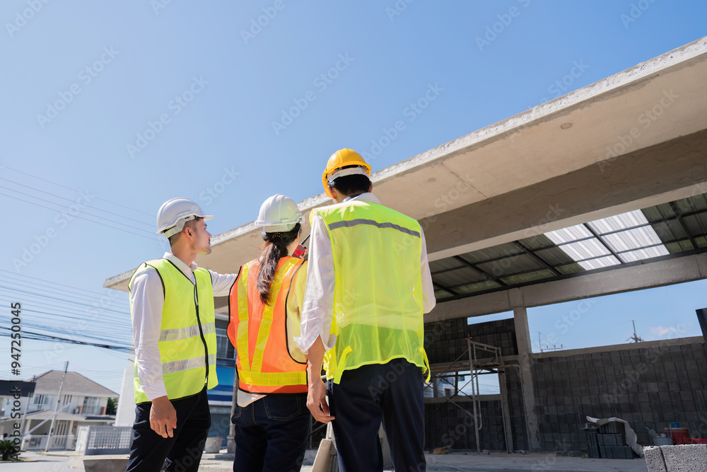 Construction Team Evaluating Building Progress on Site. Inspection and Planning Construction Team Evaluating Building Progress on Site. Inspection and Planning