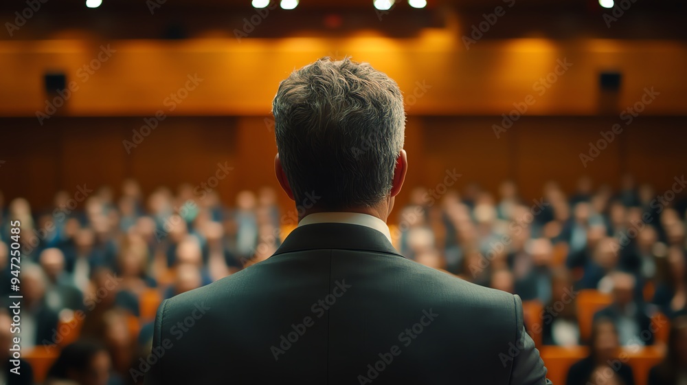 A speaker addresses a large audience, seen from behind, on a stage with warm lighting. A speaker addresses a large audience, seen from behind, on a stage with warm lighting.