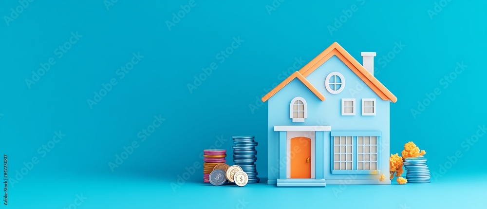 Fototapeta premium Colorful model house with coins and stacks, showcasing savings and investment concepts in a vibrant, modern design.
