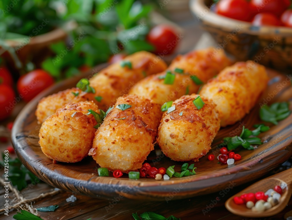 Side view of traditional Spanish croquetas in wooden bowl, rustic food photography Side view of traditional Spanish croquetas in wooden bowl, rustic food photography
