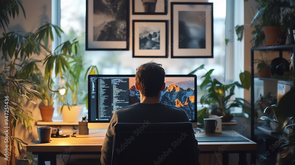 Man working on a computer at a desk in a home office. He has multiple monitors and framed artwork on the wall. Man working on a computer at a desk in a home office. He has multiple monitors and framed artwork on the wall.