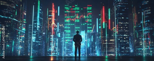 Businessman in front of glowing stock charts on glass buildings with a green and blue color scheme.