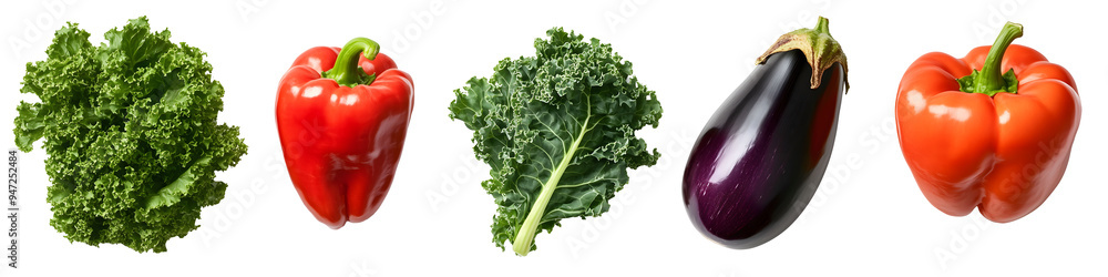 Assorted Fresh Vegetables Including Kale, Red Bell Pepper, Eggplant, and Orange Bell Pepper Isolated on White Background Assorted Fresh Vegetables Including Kale, Red Bell Pepper, Eggplant, and Orange Bell Pepper Isolated on White Background