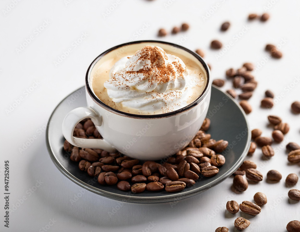 Cappucino with whipped cream, surrounded by coffee beans, bright solid white background Cappucino with whipped cream, surrounded by coffee beans, bright solid white background