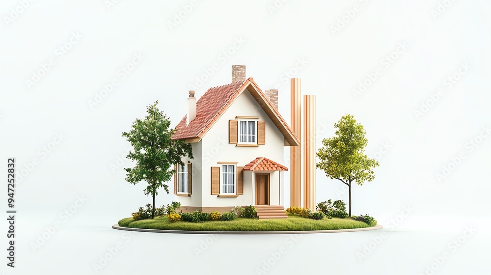 A charming model house surrounded by greenery, perfect for architectural designs or real estate presentations. A charming model house surrounded by greenery, perfect for architectural designs or real estate presentations.