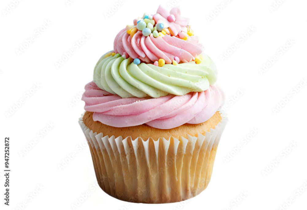 a transparent image of an elegant cupcake with dual-tone cream and baby pink frosting, decorated with pastel dragées. a transparent image of an elegant cupcake with dual-tone cream and baby pink frosting, decorated with pastel dragées.