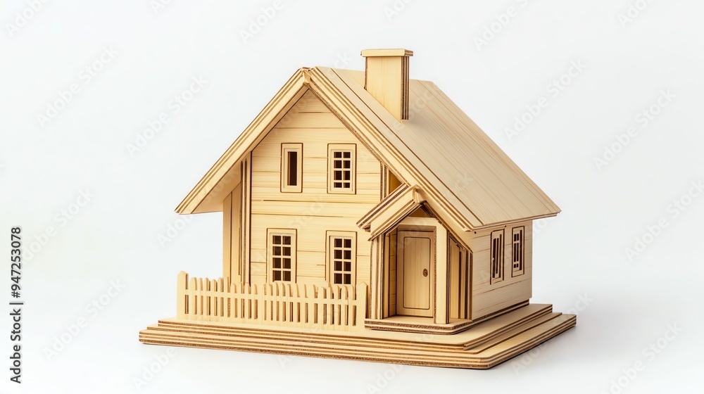 A detailed wooden house model showcasing fine craftsmanship and design, perfect for home decor and architectural displays. A detailed wooden house model showcasing fine craftsmanship and design, perfect for home decor and architectural displays.