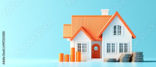 A charming miniature house model with an orange roof sits on a blue background, symbolizing home ownership and investment.