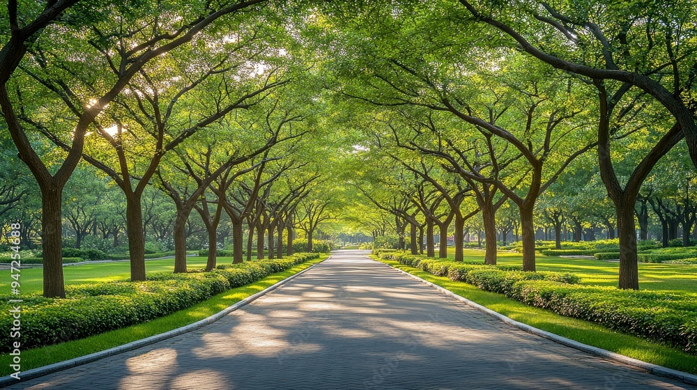 A Sunlit Path Through a Canopy of Lush Green Trees A Sunlit Path Through a Canopy of Lush Green Trees