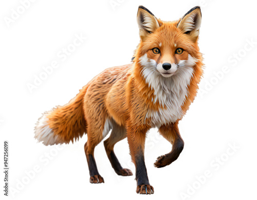 An animated rendering of a red fox in mid-stride, featuring vibrant orange fur and bushy tail, on a transparent background