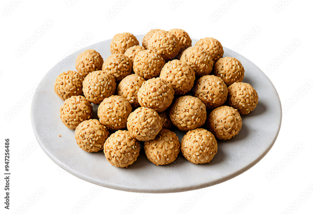 an array of crispy, sesame-covered snack balls arranged neatly on an earthenware platter, ensuring the backdrop is transparent an array of crispy, sesame-covered snack balls arranged neatly on an earthenware platter, ensuring the backdrop is transparent
