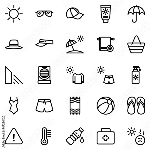 Collection of Basic Sun Protection Related Vector Line Icons. Contains Icons like Sun, Hat, Sunscreen, Umbrella and more. Editable stroke. 48x48 pixels
