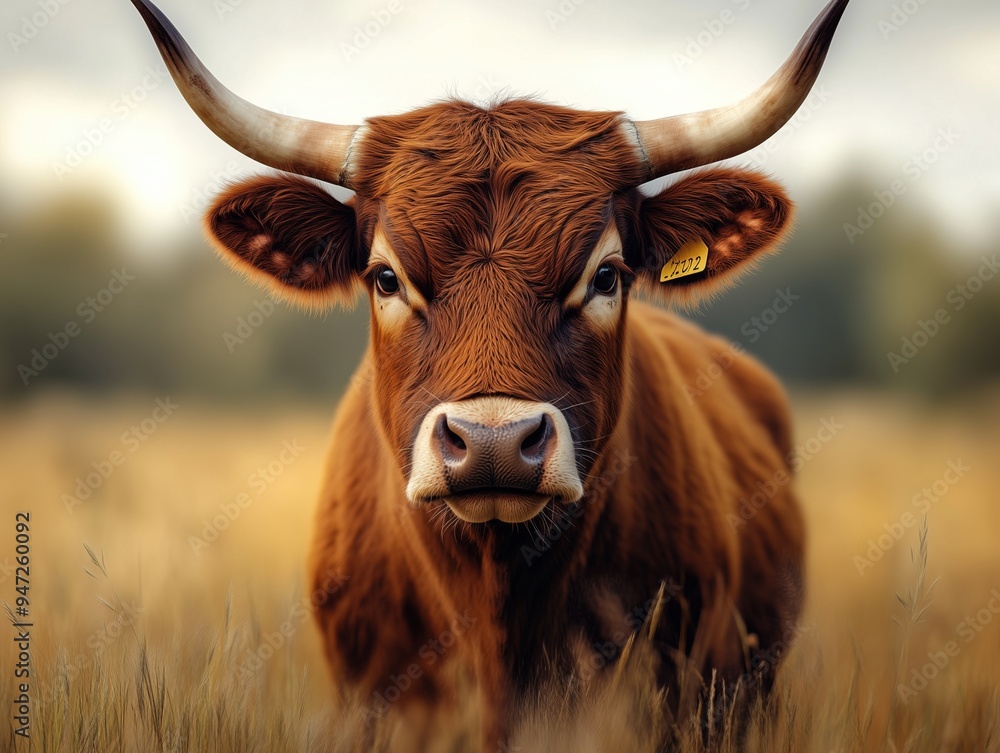 Focused close up of a Highland cow, Bos taurus, in the autumn fields Focused close up of a Highland cow, Bos taurus, in the autumn fields