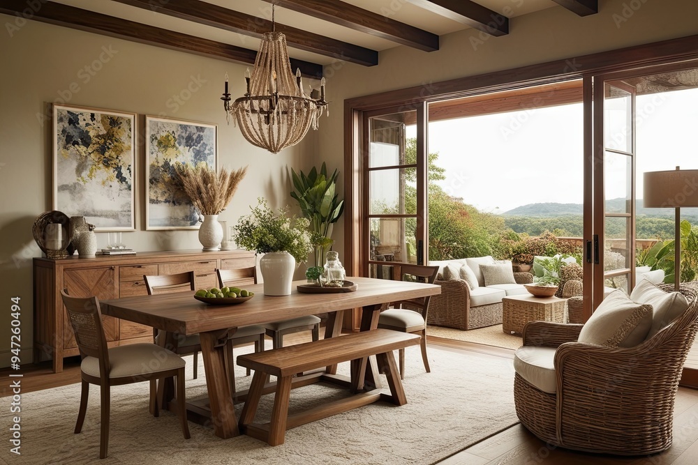 Cozy Interior Design with Wooden Table and Elegant Decor in a Relaxed Atmosphere Cozy Interior Design with Wooden Table and Elegant Decor in a Relaxed Atmosphere