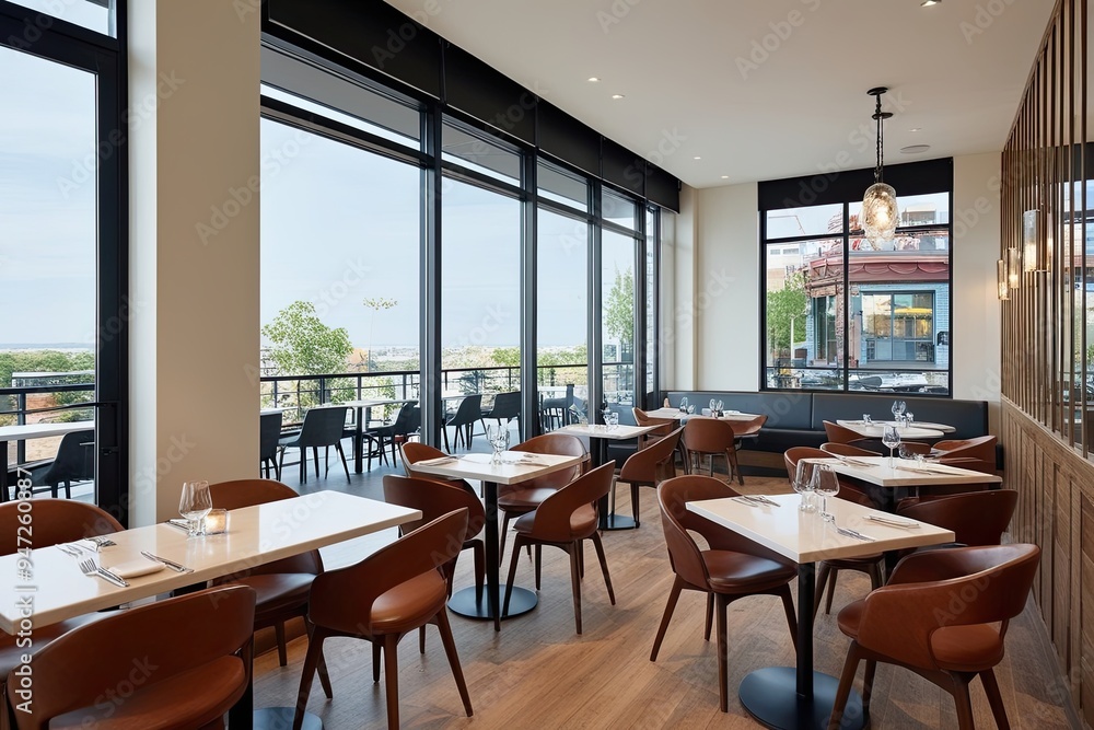 Fototapeta premium Modern Cafe Interior Featuring Dining Tables and Chairs with Panoramic Window Views