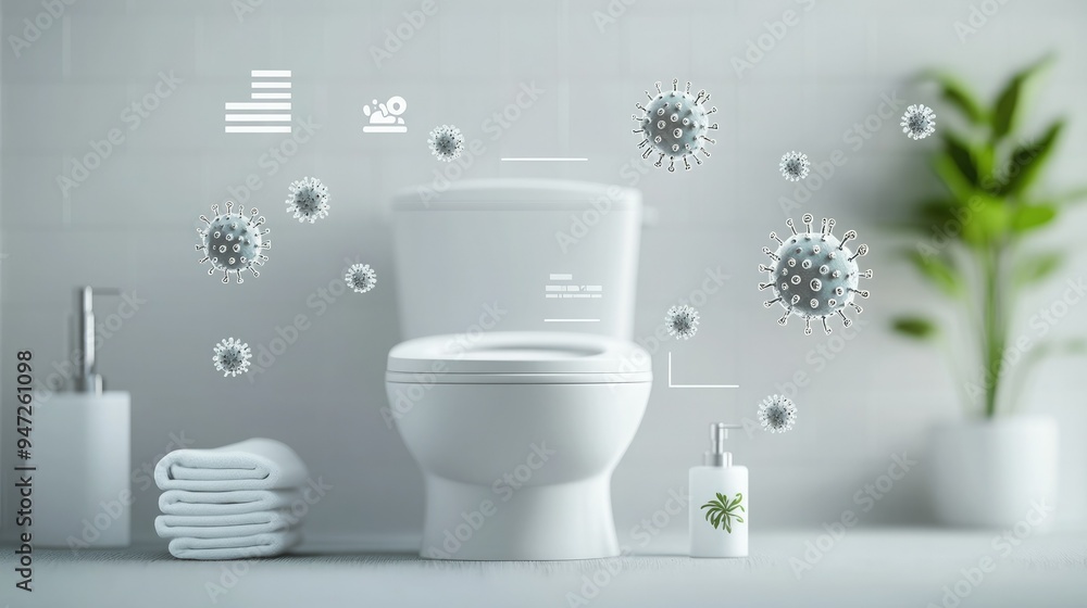 Modern bathroom featuring a white toilet, clean towels, and decorative plant, highlighting hygiene and sanitation concepts. Modern bathroom featuring a white toilet, clean towels, and decorative plant, highlighting hygiene and sanitation concepts.