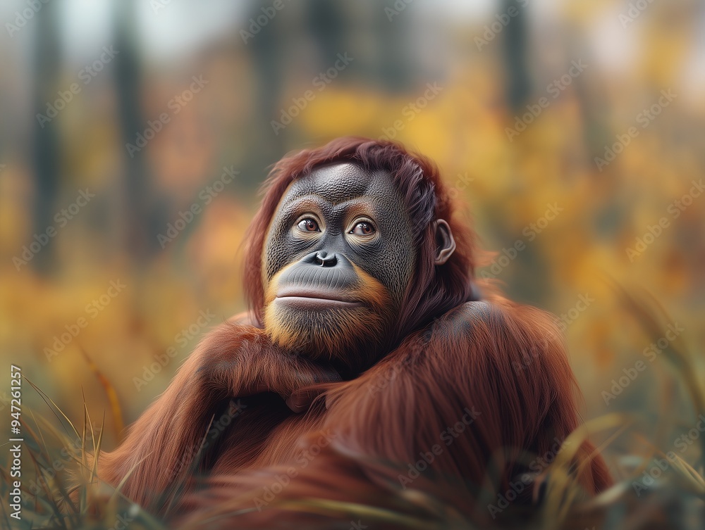Obraz premium Bornean Orangutan, Pongo Pygmaeus, Endangered Great Ape in Tropical Rainforest