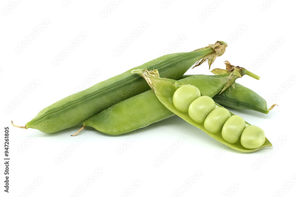 Fresh green peas in a pod on a white background Fresh green peas in a pod on a white background
