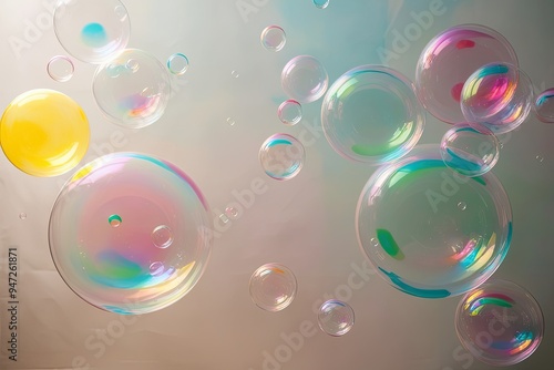 Vibrant Floating Soap Bubbles Against a Soft Background