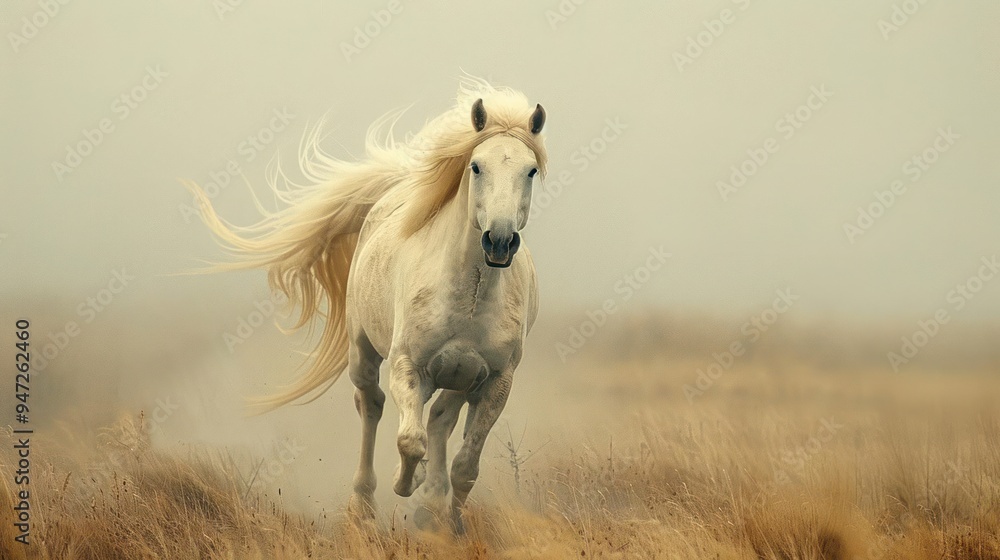 Obraz premium A majestic white horse running through a foggy field,