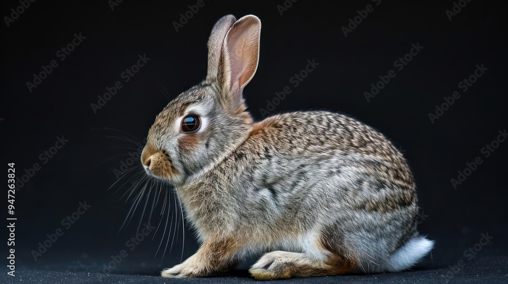 Obraz premium Adorable baby bunny sitting on black surface with a black background,