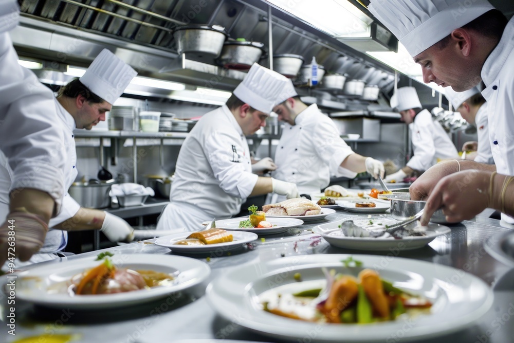 Group of chefs cooking in a modern kitchen Group of chefs cooking in a modern kitchen