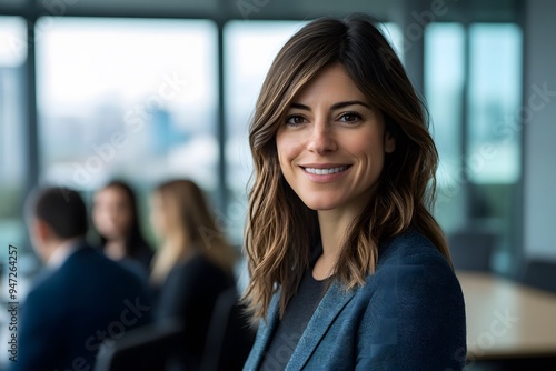 Business Woman Smiling in Office Meeting Room photo