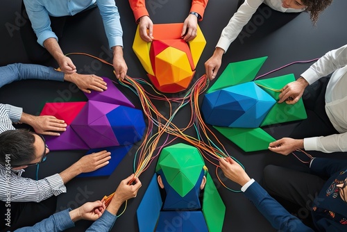 Colorful Geometric Personas Intertwined by Strands of Teamwork and Creativity photo