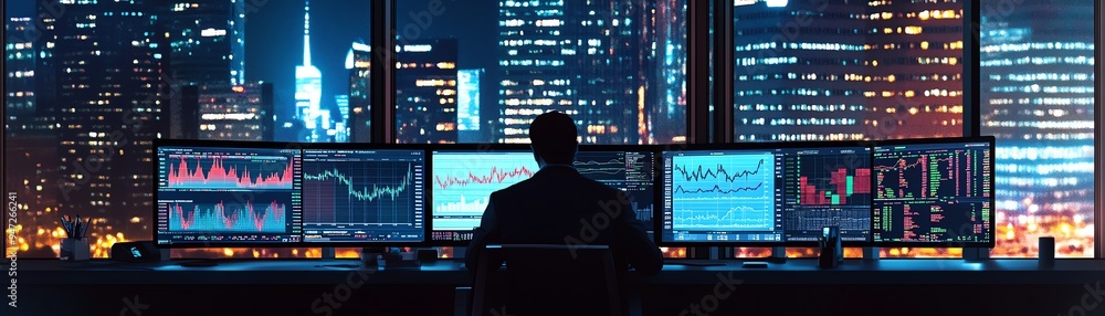 Night Trading View A lone trader sitting at a desk surrounded by multiple monitors showing financial graphs and stock trends Night Trading View A lone trader sitting at a desk surrounded by multiple monitors showing financial graphs and stock trends