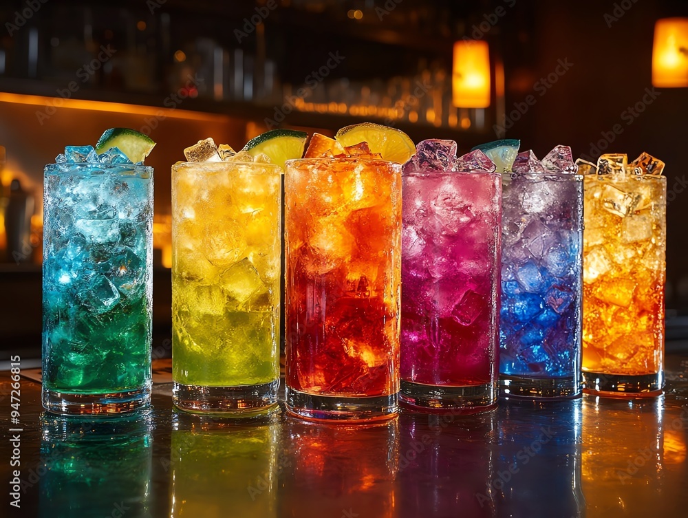 Rainbow Cocktails Seven tall glasses filled with different colored cocktails Rainbow Cocktails Seven tall glasses filled with different colored cocktails