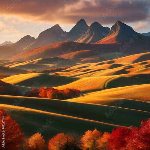 Extraordinary autumn landscape. Green fields with haystacks. Trees covered with orange and crimson leaves. Mountain landscapes