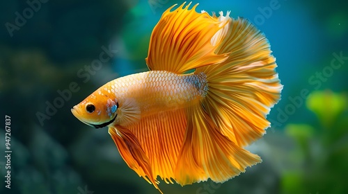 Golden betta fish with halfmoon dumbo ears, gracefully swimming. photo