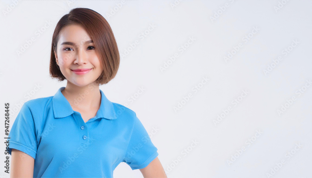 A portrait of an Asian woman wearing a light blue polo shirt. A portrait of an Asian woman wearing a light blue polo shirt.