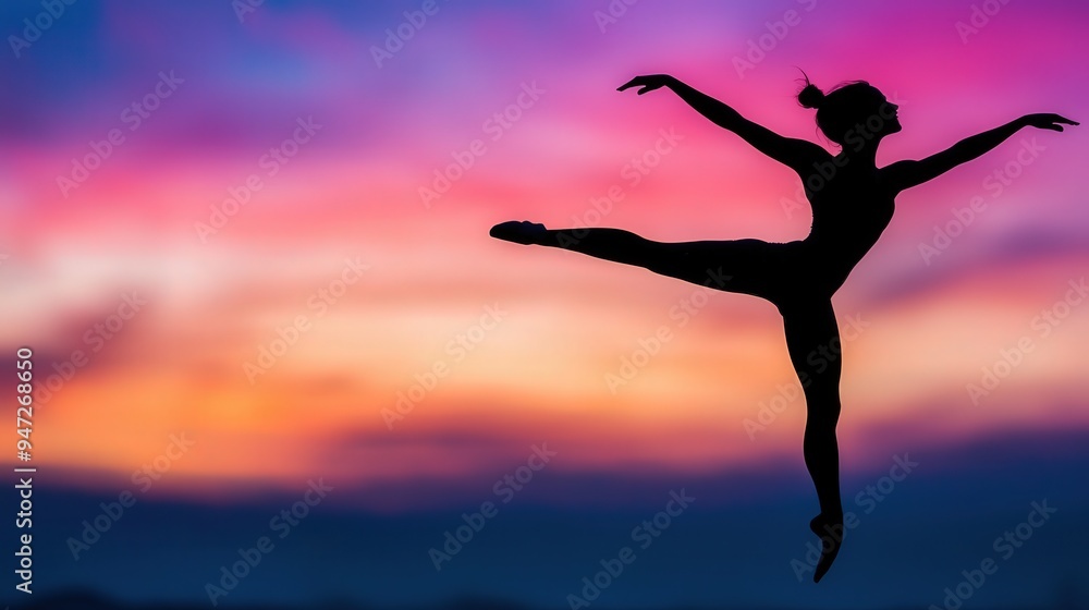 Silhouette of a dancer gracefully leaping against a vibrant sunset sky, embodying pure joy and freedom in a fluid motion Silhouette of a dancer gracefully leaping against a vibrant sunset sky, embodying pure joy and freedom in a fluid motion