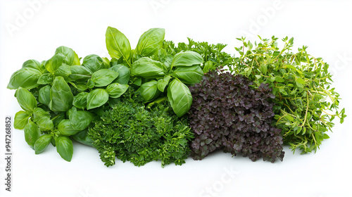 fresh green herbs, includin...