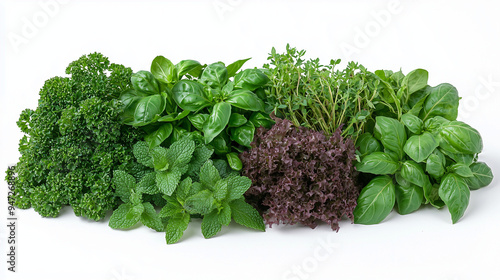 fresh green herbs, includin...