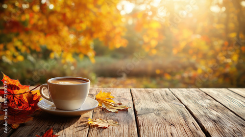 Cup of coffee on the wooden table in autumn forest