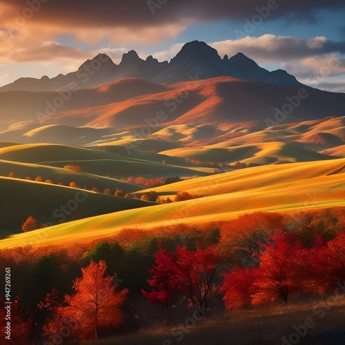 Extraordinary autumn landscape. Green fields with haystacks. Trees covered with orange and crimson leaves. Mountain landscapes