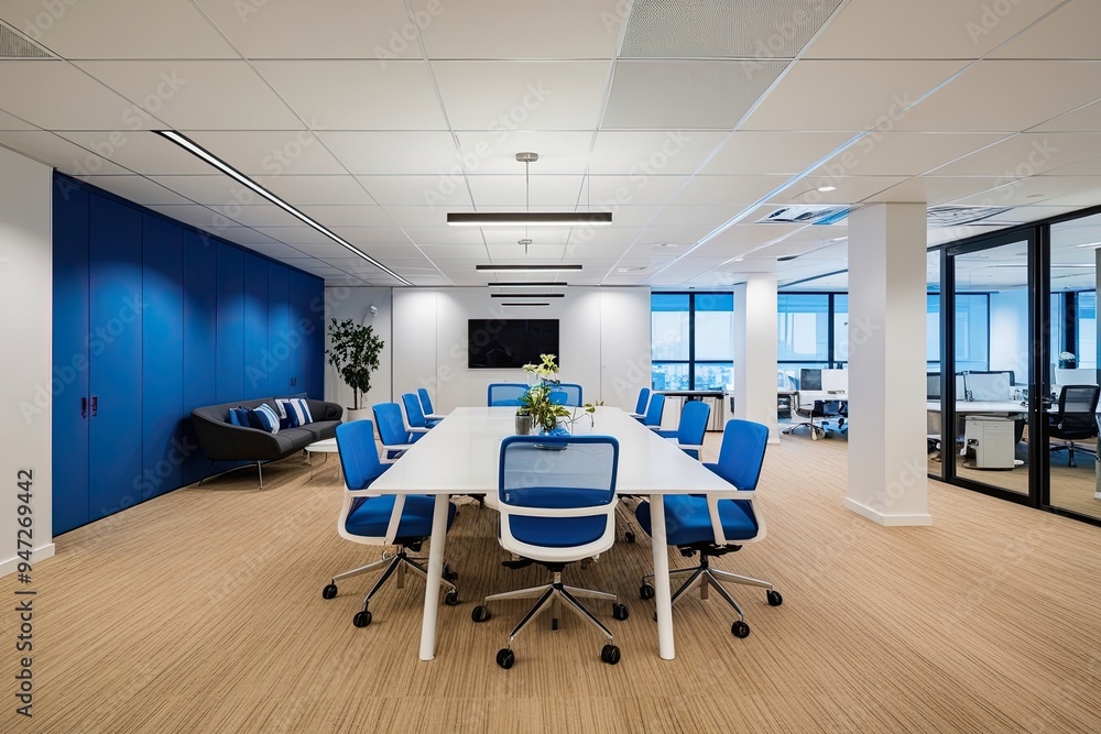 Contemporary Open Plan Office Interior Design in Blue and White Color Scheme Contemporary Open Plan Office Interior Design in Blue and White Color Scheme