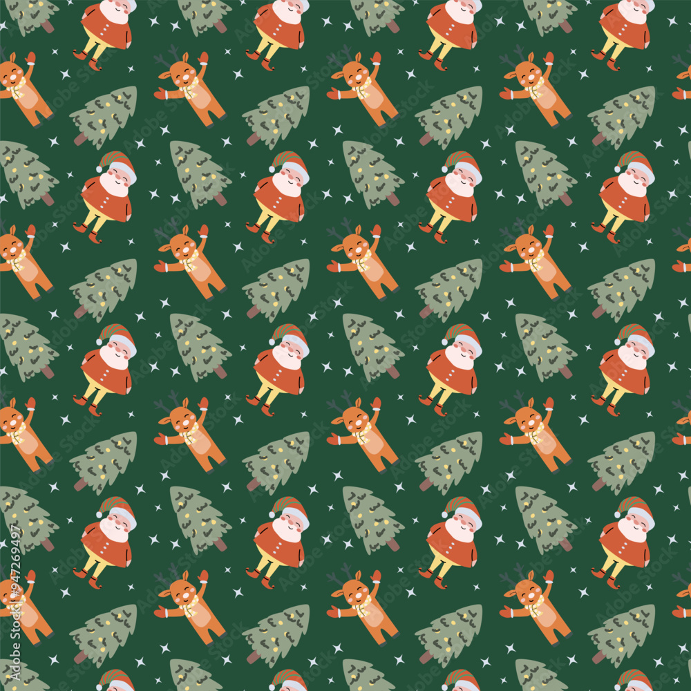 Cute childrens xmas and Happy New Year pattern for wrapping paper, christmas paper, greeting cards. Fairy characters and animals or decorative xmas elements endless background. Flat illustration. Cute childrens xmas and Happy New Year pattern for wrapping paper, christmas paper, greeting cards. Fairy characters and animals or decorative xmas elements endless background. Flat illustration.