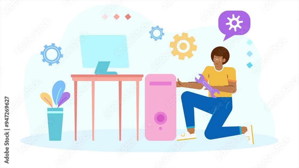a person character repairing computer illustration business animated video a person character repairing computer illustration business animated video