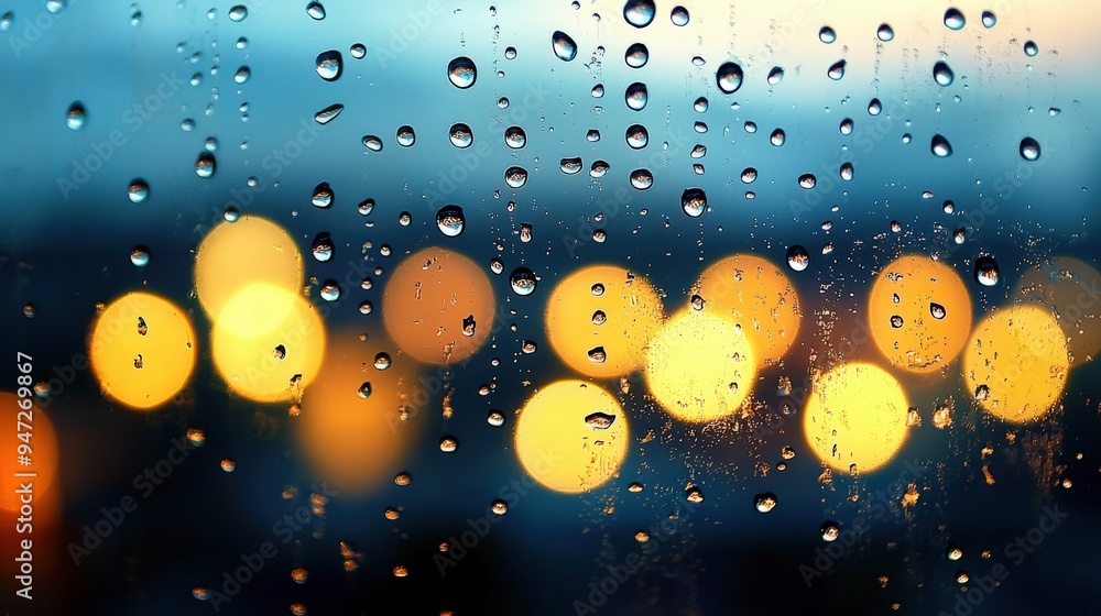 Raindrops on a window with blurred city lights in the background, evoking a sense of melancholy and reflection Raindrops on a window with blurred city lights in the background, evoking a sense of melancholy and reflection