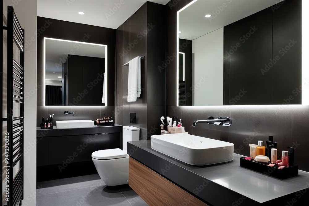 Sleek Modern Bathroom Interior Design with Sink, Large Mirror, and Neatly Arranged Cosmetics Sleek Modern Bathroom Interior Design with Sink, Large Mirror, and Neatly Arranged Cosmetics