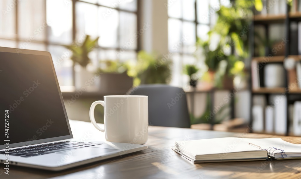 A laptop, a mug, and a notebook on a wooden desk in a bright office. A laptop, a mug, and a notebook on a wooden desk in a bright office.